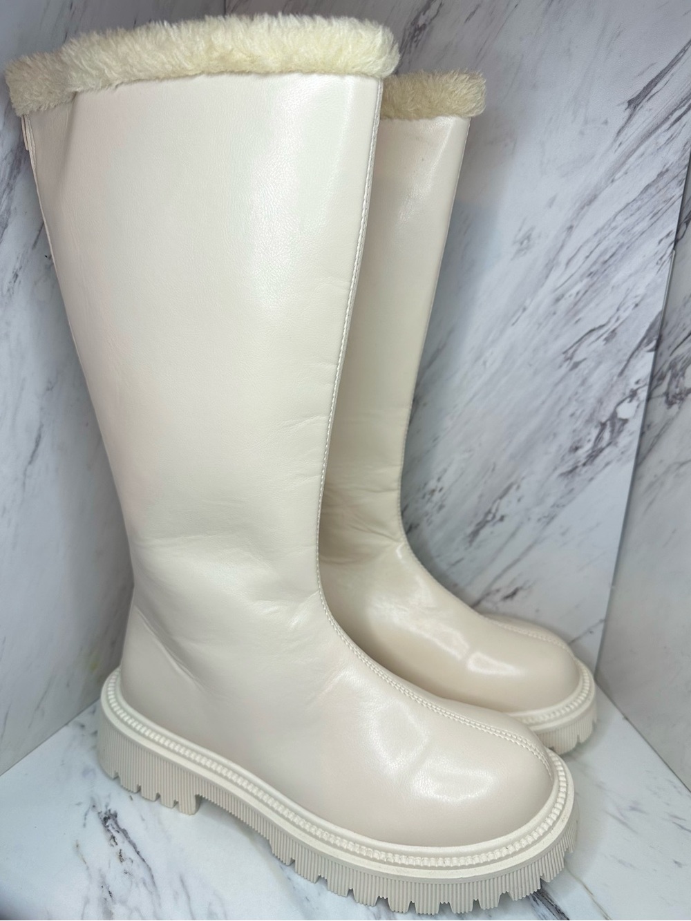 NWOT Platform Knee-High Boots with Faux Fur Trim — Size 41 (Fits US 9) — Cream